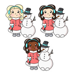 Set Brunette Blonde African American Girls With Snowman Isolated On A White Background Hand Drawn Illustration