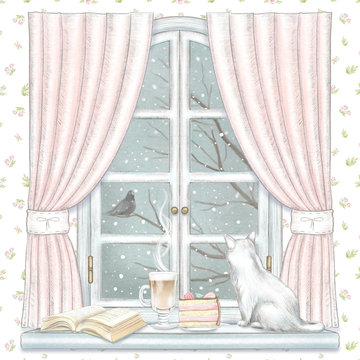 Composition with cat, coffee, cake and book on the sill of the window with pink curtains and winter landscape on floral wallpaper background. Watercolor and lead pencil graphic hand drawn illustration