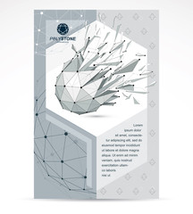 Communication technologies business corporative flyer template. Graphic vector illustration. Abstract 3d polygonal grayscale wireframe shattered object, geometric low poly design element.