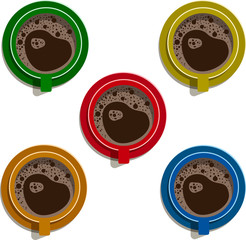  bright illustration of five colored mugs of fragrant coffee with bubbles