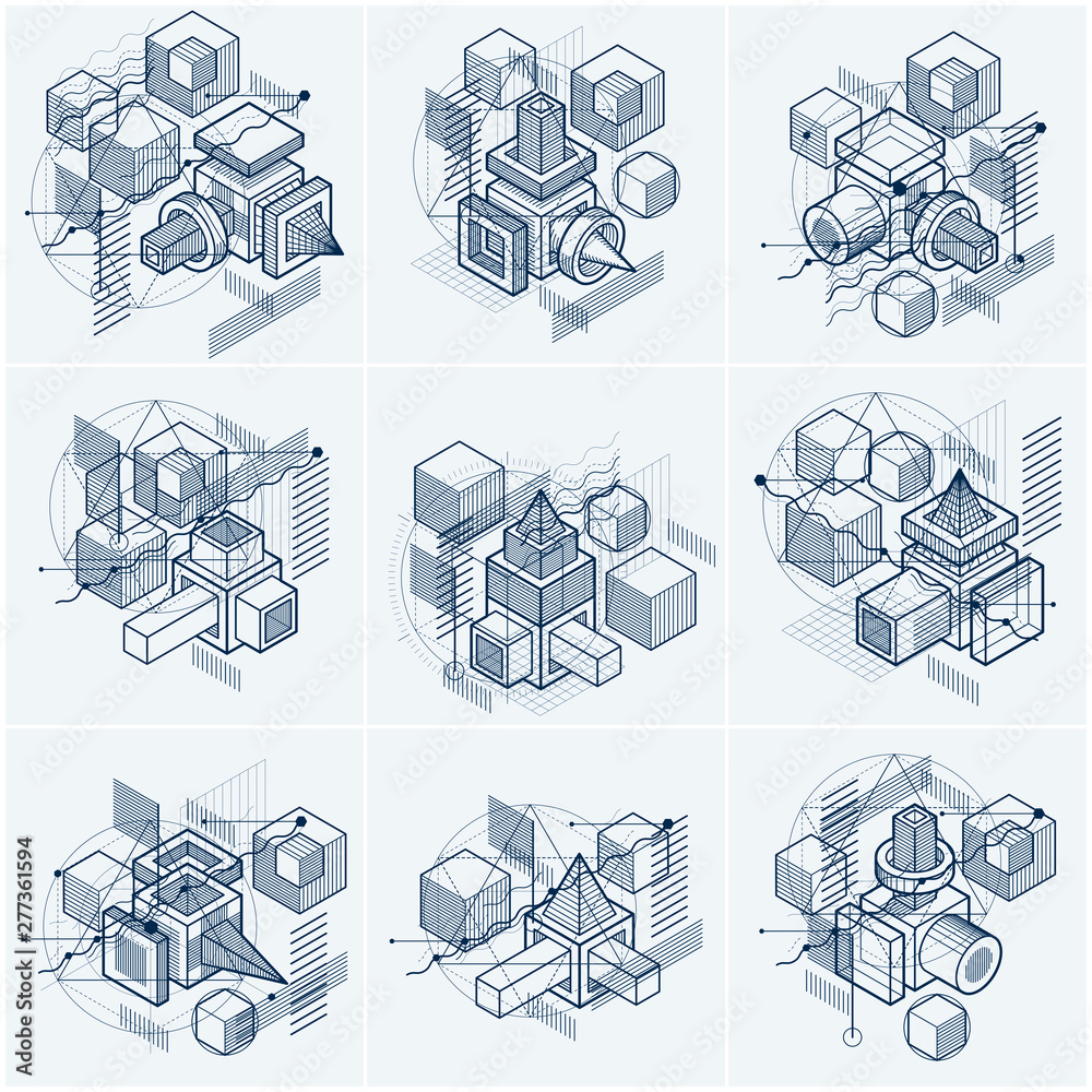 Poster abstract 3d shapes compositions, vector isometric backgrounds. compositions of cubes, hexagons, squa