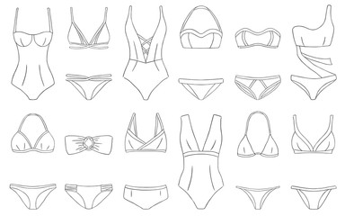Doodle bikini swimming suits set women cloth black white - obrazy, fototapety, plakaty