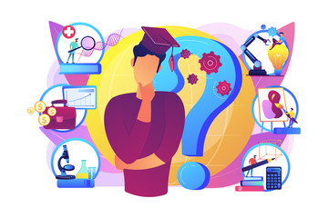 Postgraduate, career opportunities for young specialist. College choice advisor, college rankings, career assessment test concept. Bright vibrant violet vector isolated illustration