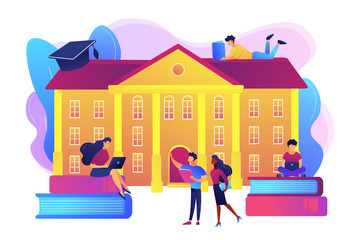 Students interacting with each other, making friends at university. College campus tours, university campus events, on-campus learning concept. Bright vibrant violet vector isolated illustration