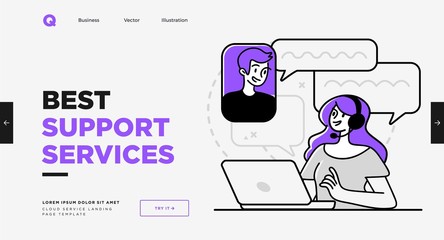 Presentation slide template or landing page website design. Business concept illustrations. Modern flat outline style. Support service
