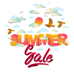Summer sale banner advertising design layout with birds sun and clouds in the sky, papercut and ribbon words vector modern style cartoon paper cut 3d illustration.