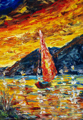 Impressionismus Ölgemälde Landschaftsmalerei Rotes Meer Schiff, scharlachrote Segel, Sonnenuntergang über Bergen, gelb-rote Wolken mit einem Palettenmesser © weris7554