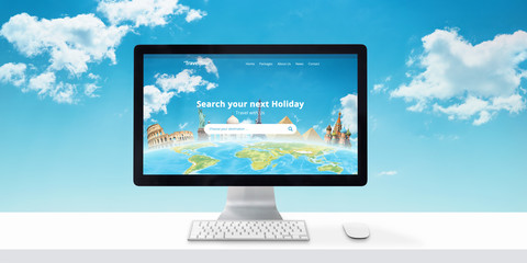 Travel agency website concept on computer display. Search destinations and vacations online. Modern flat web site desing with clouds in background. - obrazy, fototapety, plakaty