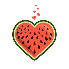 Heart-shaped watermelon slice. Bright summer design. Textile. Packaging. Isolated object on white background. Juicy fruit. Vector illustration.
