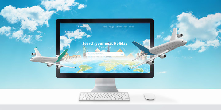 Holiday booking online. Concept of modern travel agency web site with famous world sights and airplanes that come out of the display.
