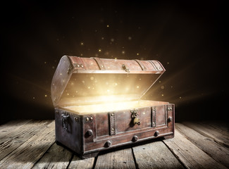 Treasure Chest - Open Ancient Trunk With Glowing Magic Lights In The Dark - obrazy, fototapety, plakaty