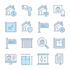 Real Estate, Apartment and Mortgage related blue line colored icons.