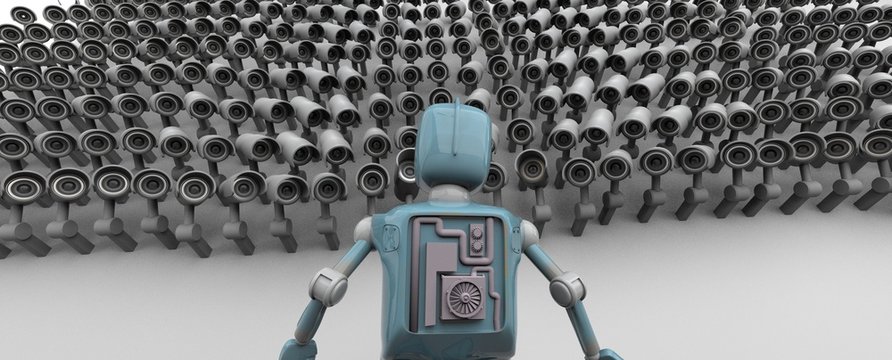 A lot of cameras are watching the retro robot,Many security cameras on the city , big brother watching you. Surveillance CCTV camera. 3D rendering