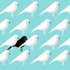 A Black bird among white birds pattern