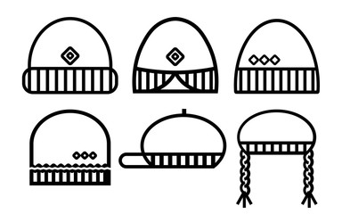 Naklejka premium Winter hat simple icons set. Black outline icons of different hat types on white background. Isolated flat objects for web design.