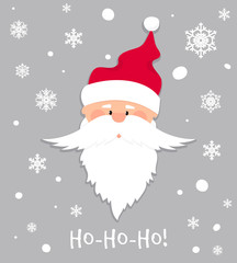 Ho-Ho-Ho Christmas banner. Santa Claus in red hat on snowflake background.Cartoon christmas characters winter holiday vector illustration