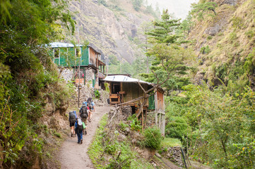 A group of trekkers heading to Lho village on Manaslu circuit with view of Mount Manaslu range (8 156 meters). Himalayas, stone buildings in village, at Manaslu Glacier in Gorkha District in Nepal