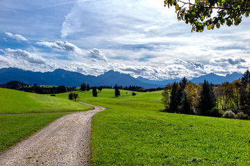 Path of land in park, with mountains in the background, Fussen, Germany