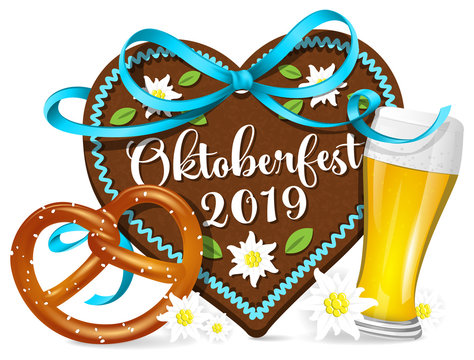 Oktoberfest 2019 München Lebkuchenherz mit Brezel und Bier