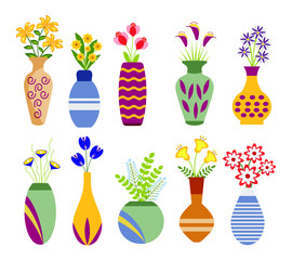 Set of colored various forms of vases with flowers .For interior decor of home or office,Isolated on white background.Vector icon collection.
