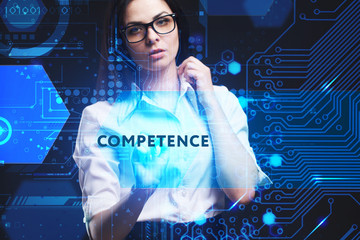 The concept of business, technology, the Internet and the network. A young entrepreneur working on a virtual screen of the future and sees the inscription: Competence