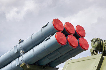 A closeup of a Russian self-propelled rocket complex