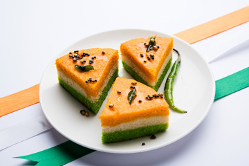 Tri-coloured / tiranga  khaman Dhokla for Independence/republic Day celebration using Indian Flag colours