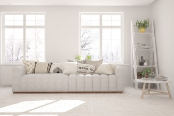 Stylish room in white color with sofa. Scandinavian interior design. 3D illustration