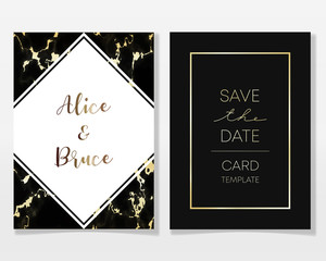 Wedding Invitation card design with golden frames and marble texture. Luxury marble with gold geometric frame design template.
