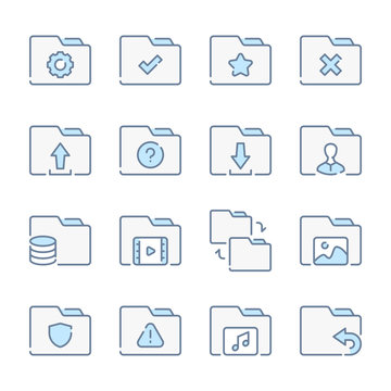 Folder, Document archive and File organization related blue line colored icons.