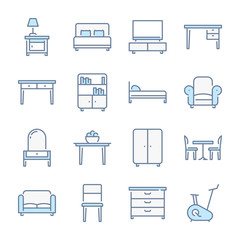 Furniture, Home furniture and Сushioned furniture related blue line colored icons.