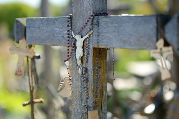 Various wooden crosses and crucifixes on the Hill of Crosses, a site of pilgrimage near Siauliai, Lithuania.