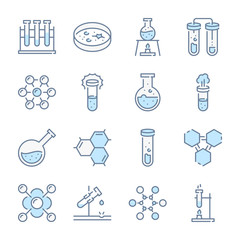 Chemistry, Science and Laboratory related blue line colored icons.