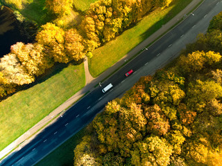 Aerial top down view of autumn forest with two-lane road among autumn yellow and orange trees. Beautiful fall scenery in Vilnius, Lithuania © MNStudio