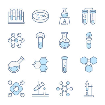 Chemistry, Science and Laboratory related blue line colored icons.