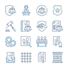 Law, Justice and Government related blue line colored icons.
