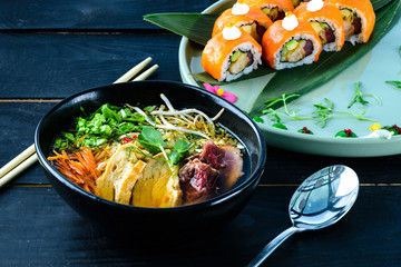 lunch in a Japanese restaurant - soup and sushi