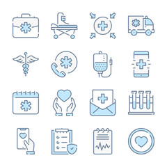 Healthcare, Emergency and Medical care related blue line colored icons.