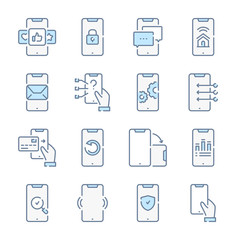 Smartphone/mobile phone services, Applications and Digital devices technology related blue line colored icons.