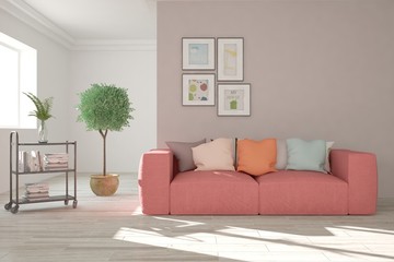 Stylish room in white color with sofa. Scandinavian interior design. 3D illustration