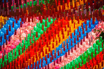 South Korean religious lanterns adorning a buddhist temple of Jogyesa in Seoul hanging in the air. © Jason Yoder