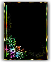 Template festive greeting card, wedding invitation or invitation to the celebration. Colored frame and colored flowers and black background. Vector.