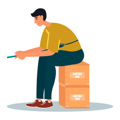 A Young man sits on carton boxes and checking own smartphone. Man is scrolling news feed.Vector illustration on white background in cartoon style.