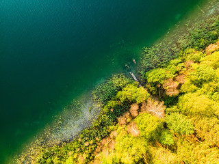 Fototapeta na wymiar Aerial top down view of beautiful green waters of lake Gela. Birds eye view of scenic emerald lake surrounded by pine forests.