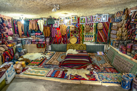 23/05/2019 East Azerbaijan Province. Iran.view incide of traditional Iranian ancient village of troglodyte in Kandovan witn plenty carpets for sale