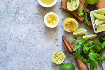 Summer cold drink. Ingredients for making mojito. View from above.