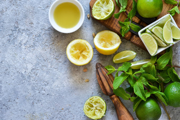 Summer cold drink. Ingredients for making mojito. View from above.