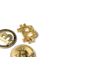 Golden bitcoin isolated on white background. Top view