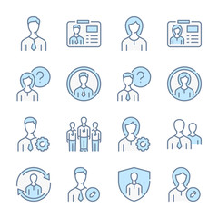 User profile, Avatar and Profile services related blue line colored icons.