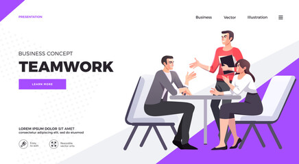 Presentation slide template or landing page website design. Business concept illustrations. Modern flat style. Teamwork concept